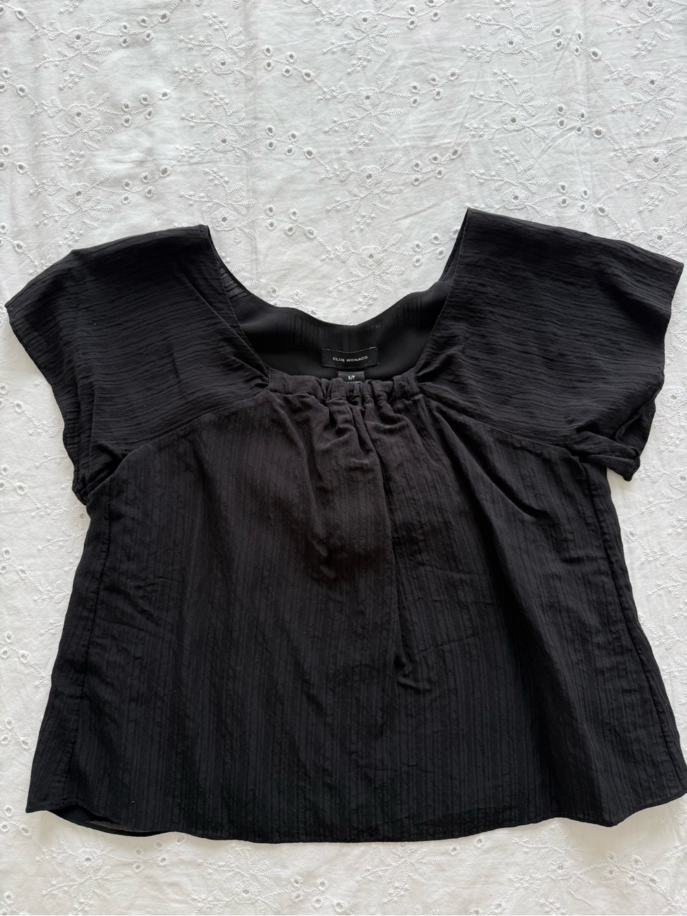 Club Monaco Black Short-Sleeve Gathered Neck Blouse